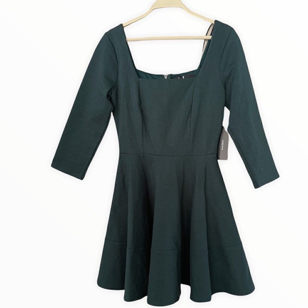 Lulu's Womens Green Square Neck 3/4 Sleeve Zipper Back Fit And Flare Dress Sz XS
